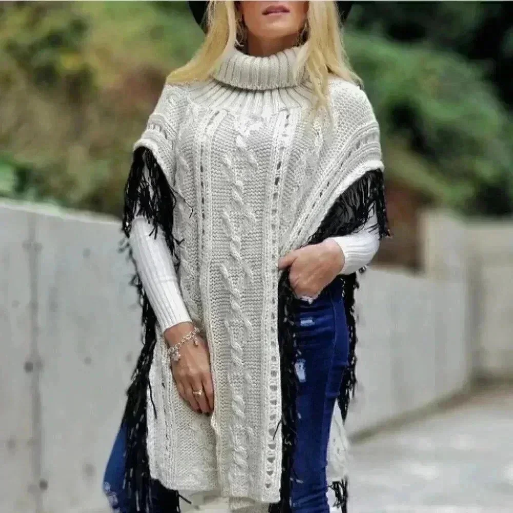 Womens western boho Fringe detailed knit turtleneck Sweater Poncho